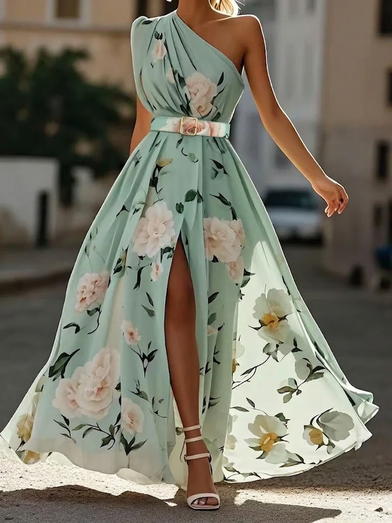 Abril - Vestido largo floral de un solo hombro