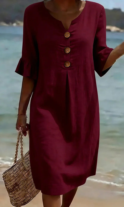 LUNA - Vestido Texturizado con Mangas Abullonadas y Botones