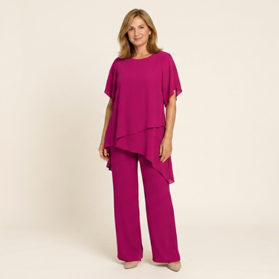 Vega - Conjunto elegante con top asimétrico y pantalón ancho