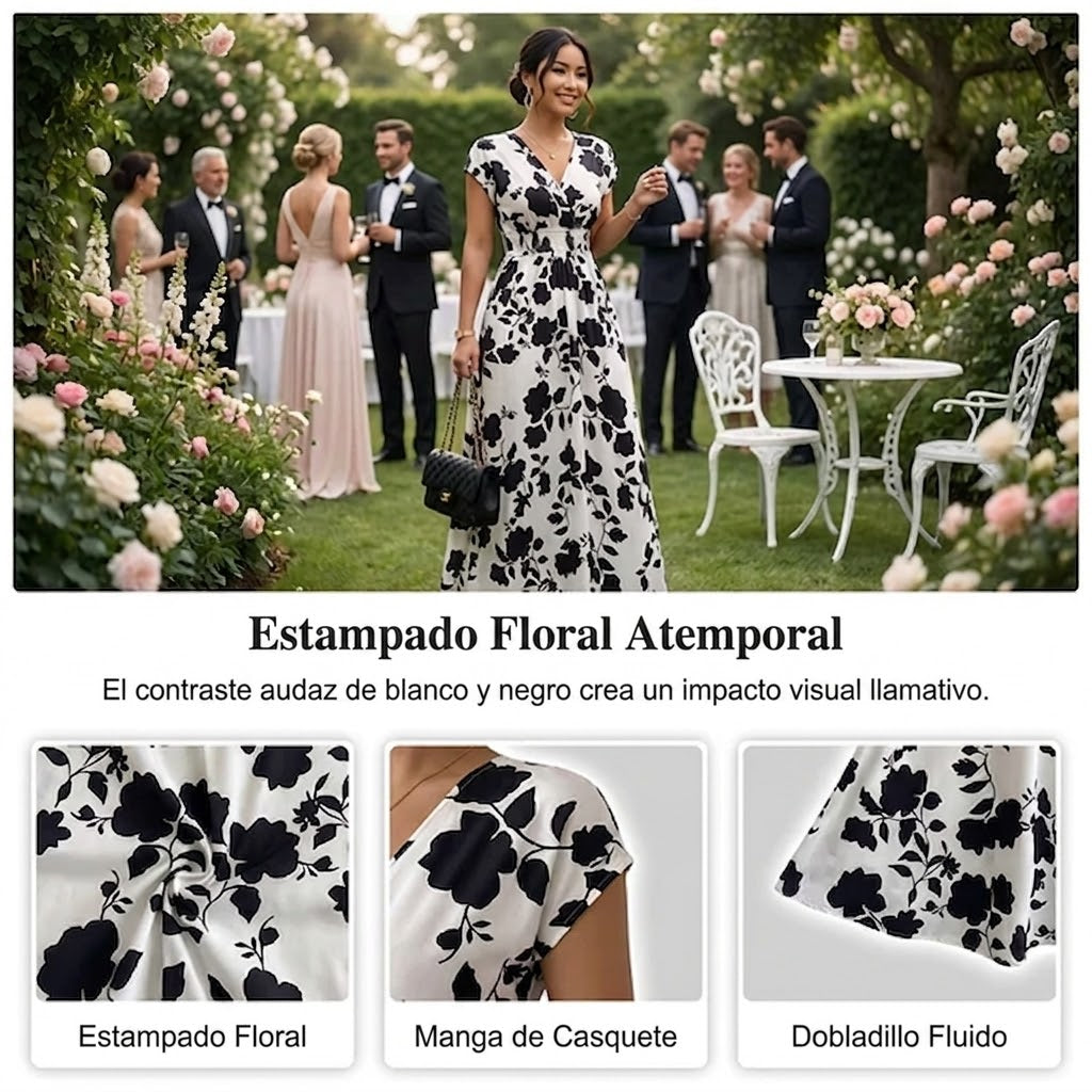 Elena - Vestido floral largo con escote de pico