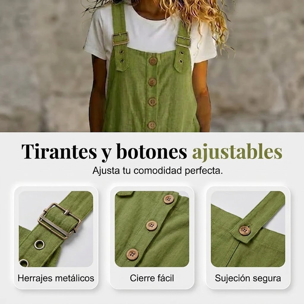 Cleo - Mono de estilo diario de tirantes con botones y ajuste de corte relajado