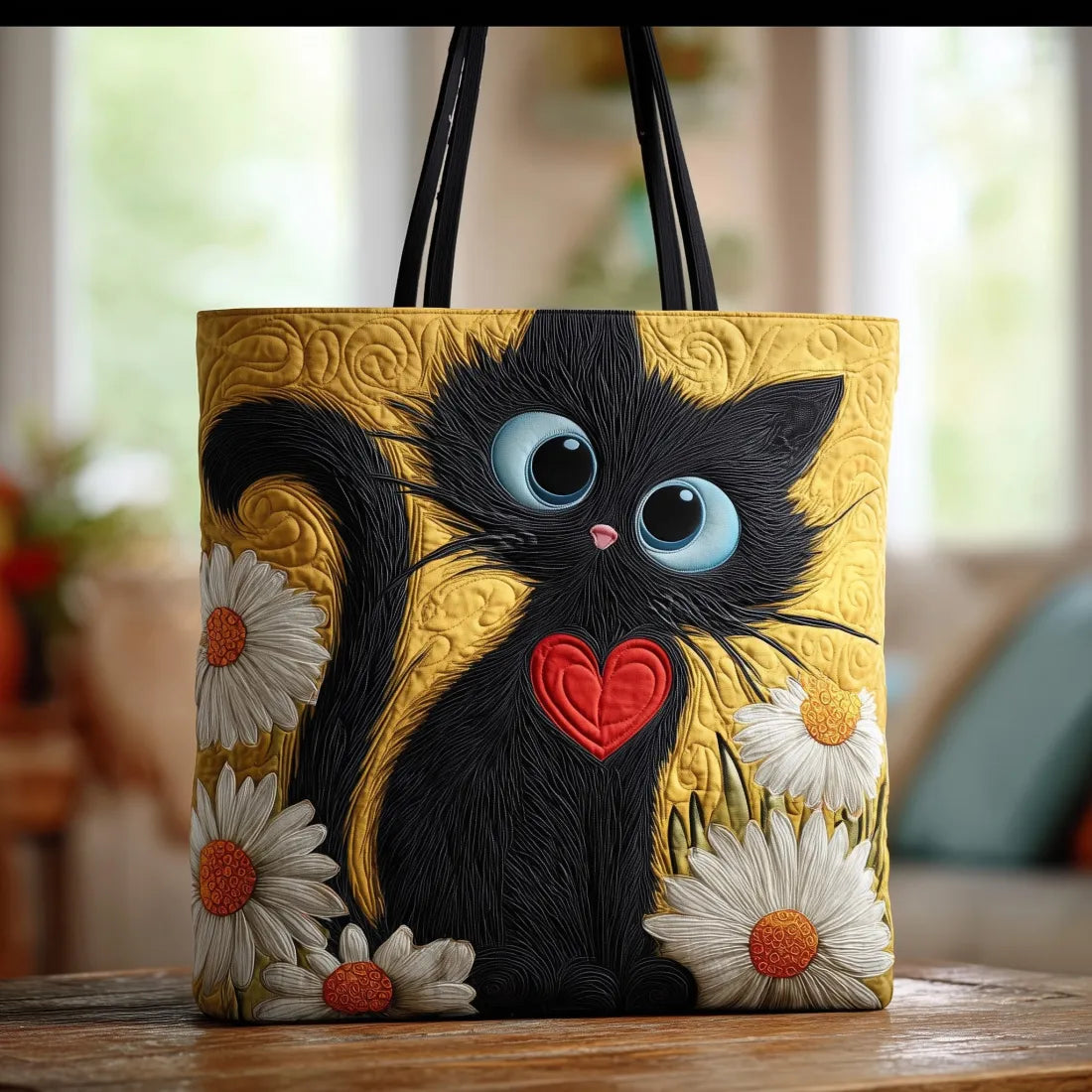 PETRA - Bolso artesanal con gato negro con margaritas