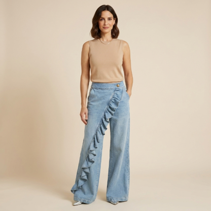 Rebeca - Pantalones denims asimétricos con volante y pernera amplia