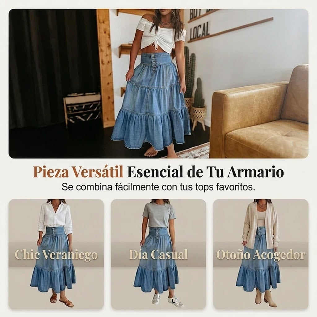 Lara - Falda denim con botones y estilo vintage