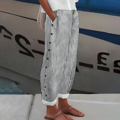 Sofía - Pantalón recto con motivo de rayas con botones laterales