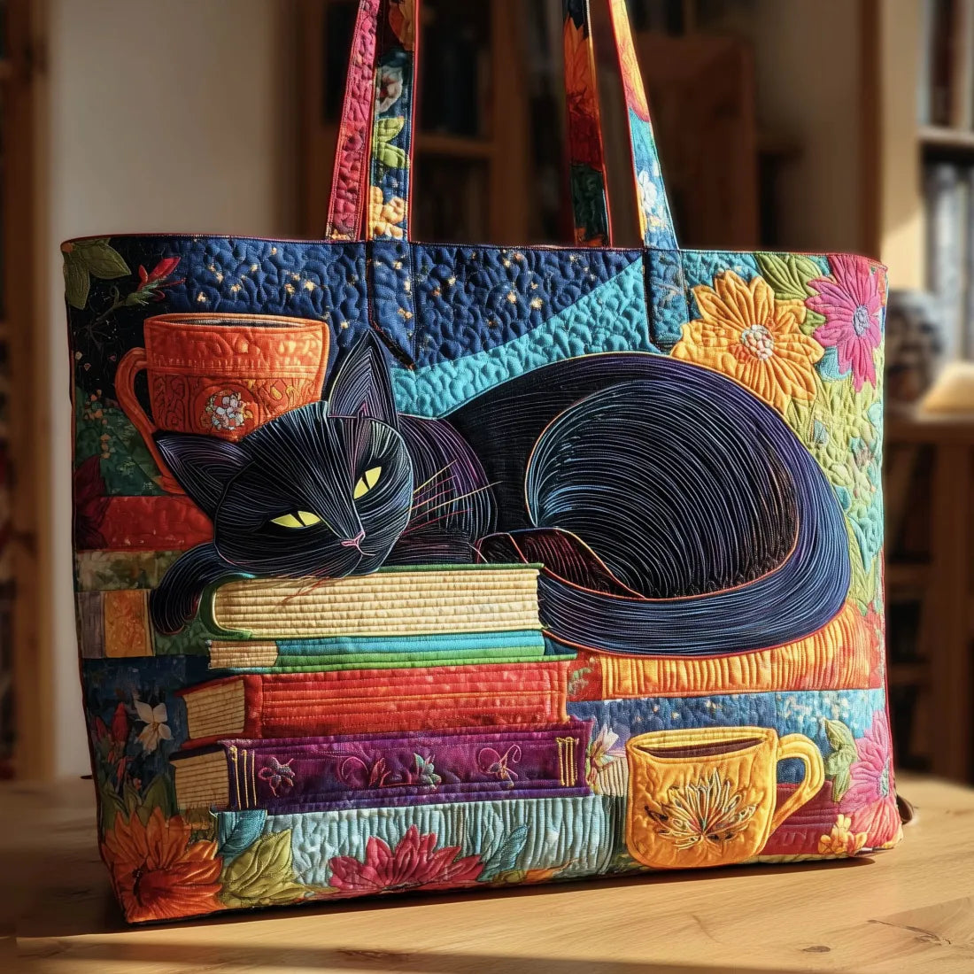 Camila - Bolso artesanal con gato negro con libros y tazas