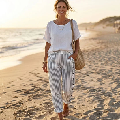 Sofía - Pantalón recto con motivo de rayas con botones laterales