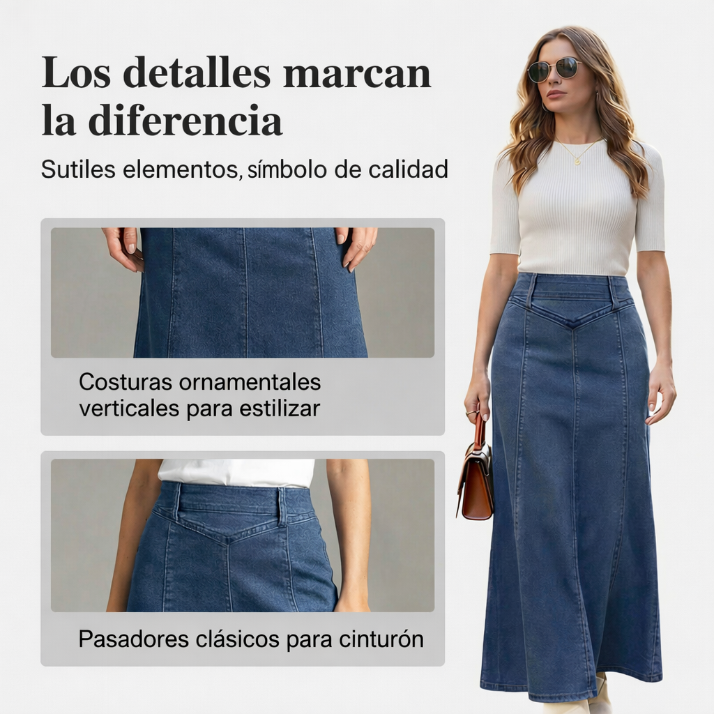Liliana - Falda denim midi en línea A de tiro alto