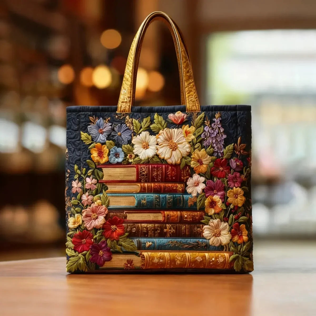 Celeste - Bolso artesanal con motivo floral y libros
