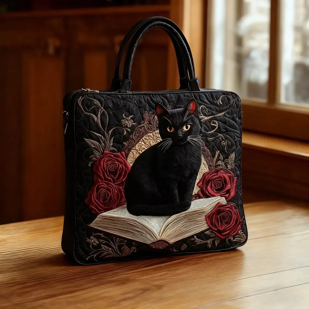 Celina - Bolso artesanal acolchado con gato negro sobre libros