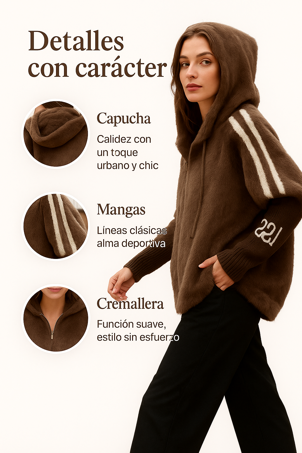 Loreta - Chaqueta de estilo diario con capucha y cremallera