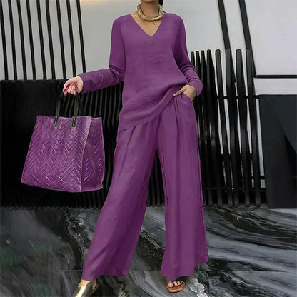 Amalia - Conjunto cómodo con cuello en V y pantalones de pernera amplia