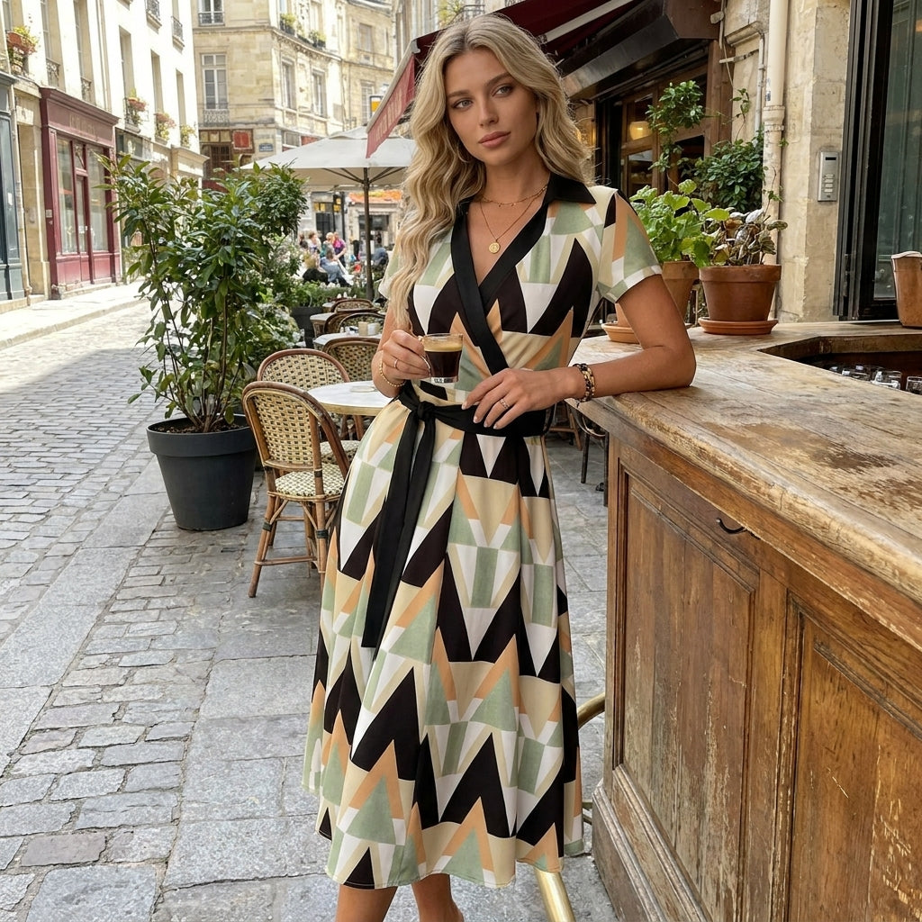 Lina - Vestido midi geométrico con escote de pico