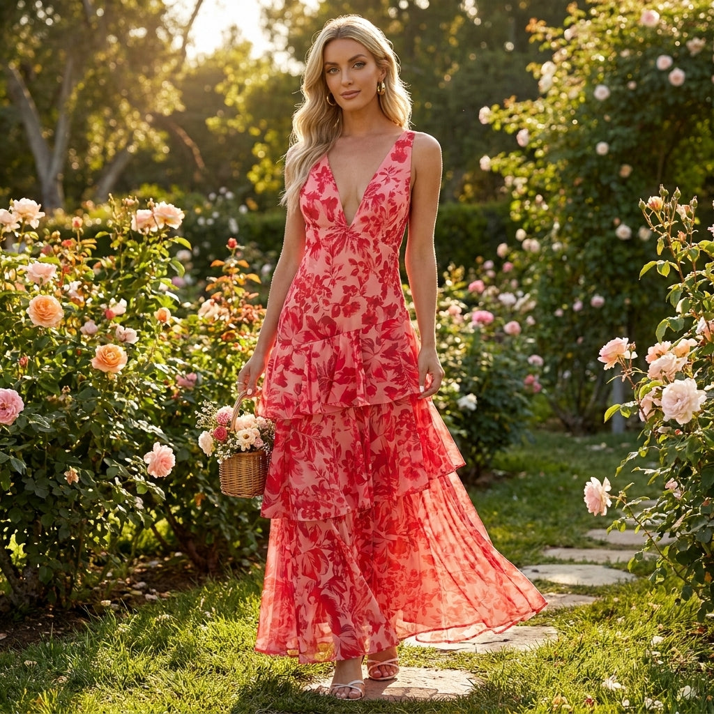 Mónica - Vestido largo floral con detalle de volantes