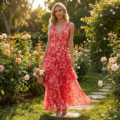 Mónica - Vestido largo floral con detalle de volantes