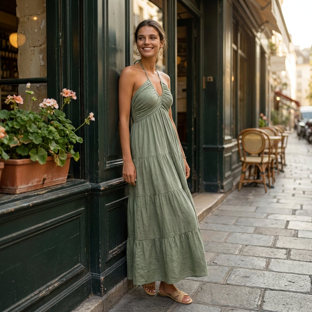 Melisa - Vestido largo con cuello halter y espalda descubierta
