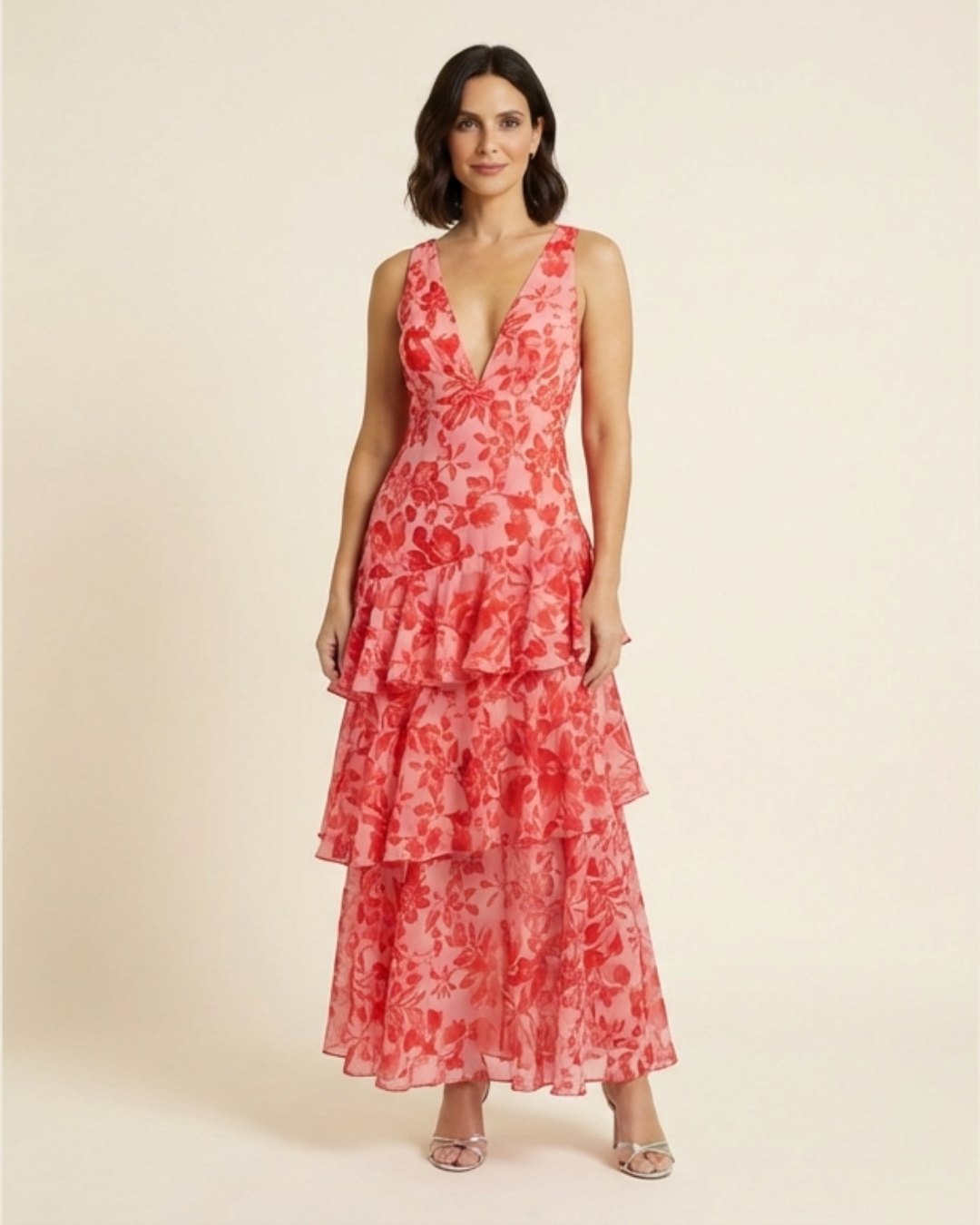 Oriana - Vestido largo floral con detalle de volantes