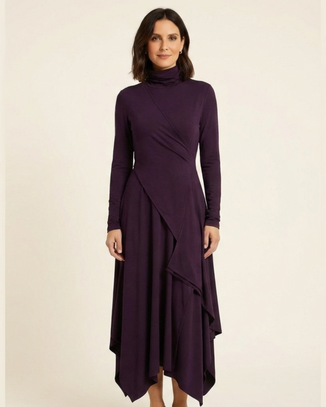 Carlota - Vestido largo elegante con cuello alto y drapeado asimétrico