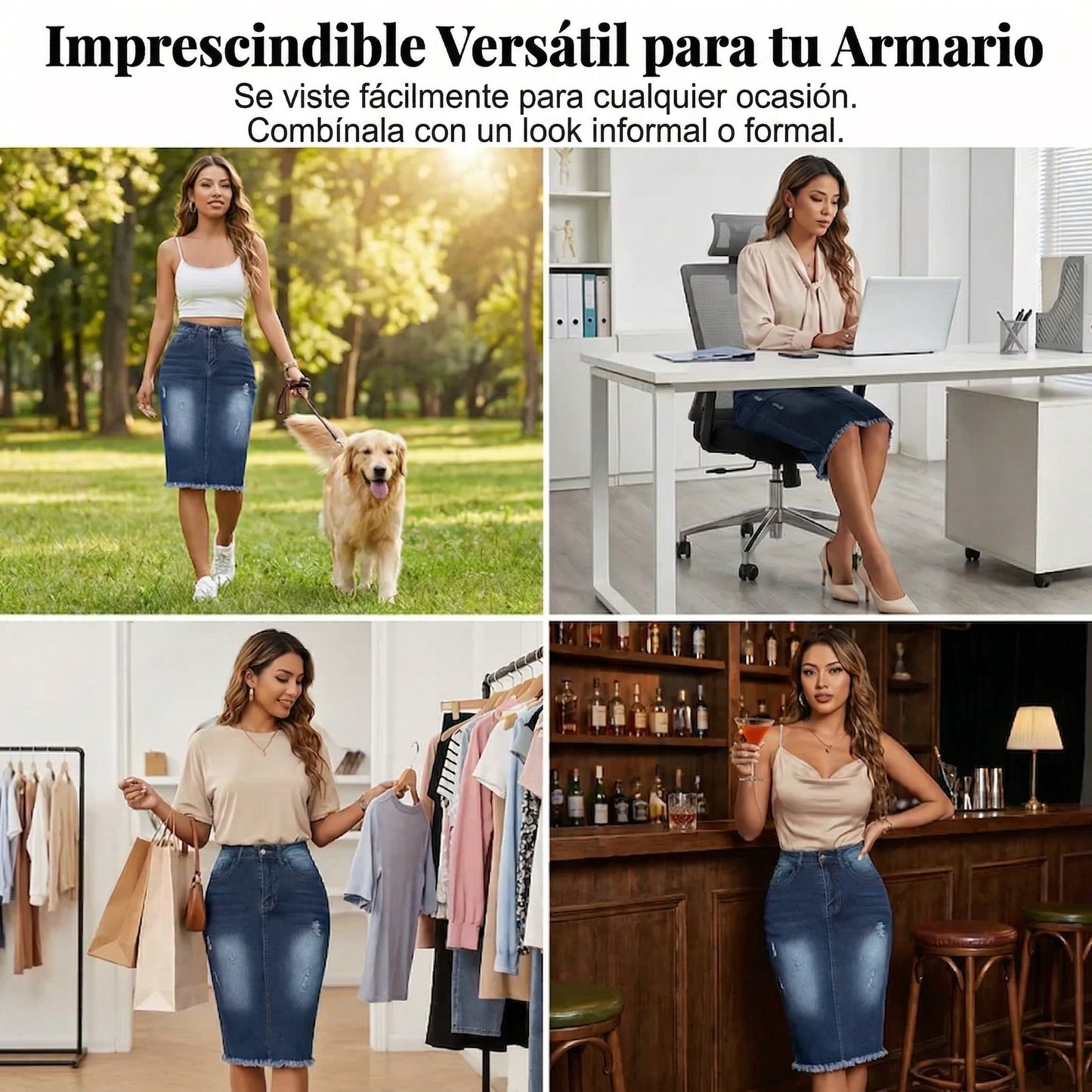 Ariadna - Falda denim de tiro alto con bajo deshilachado