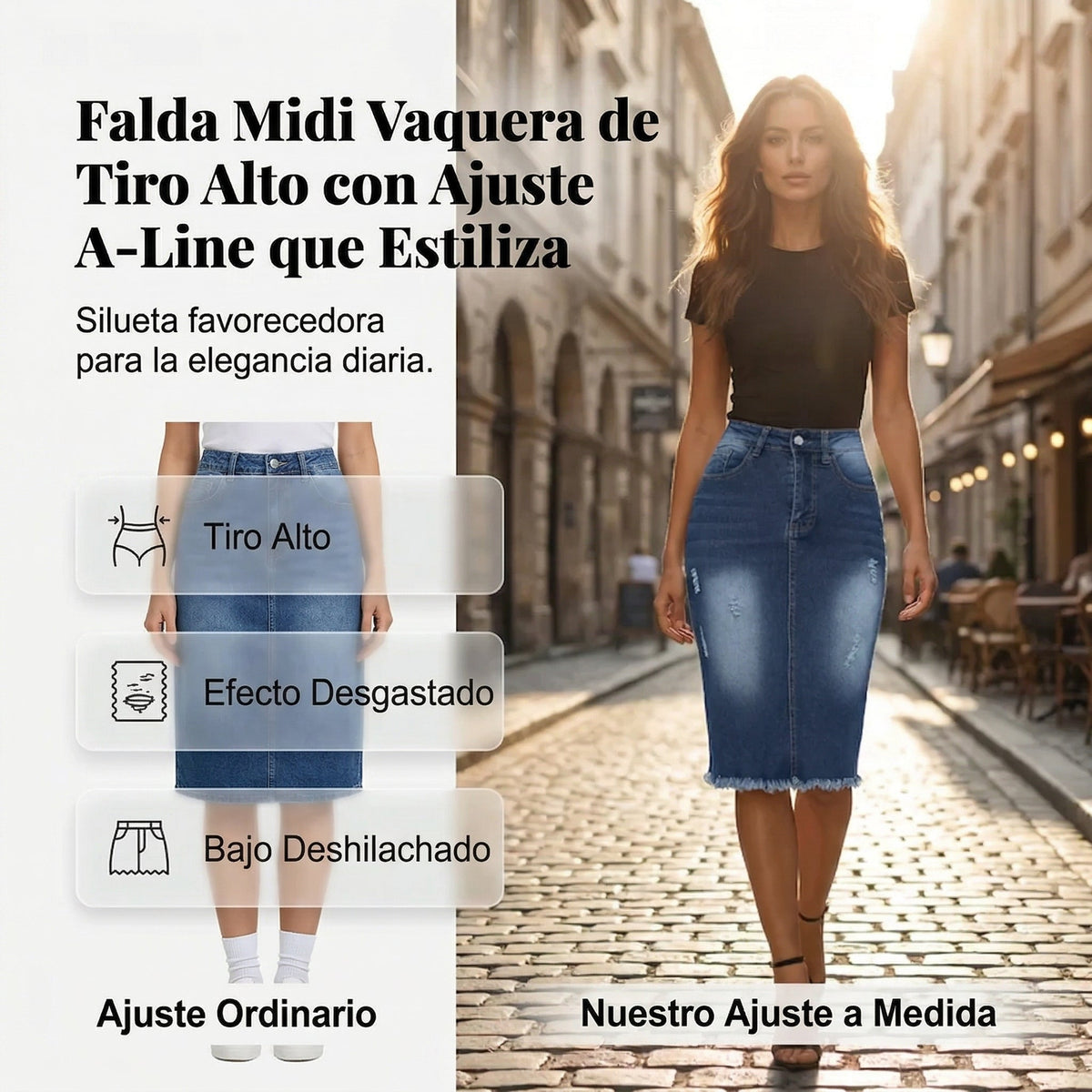 Ariadna - Falda denim de tiro alto con bajo deshilachado