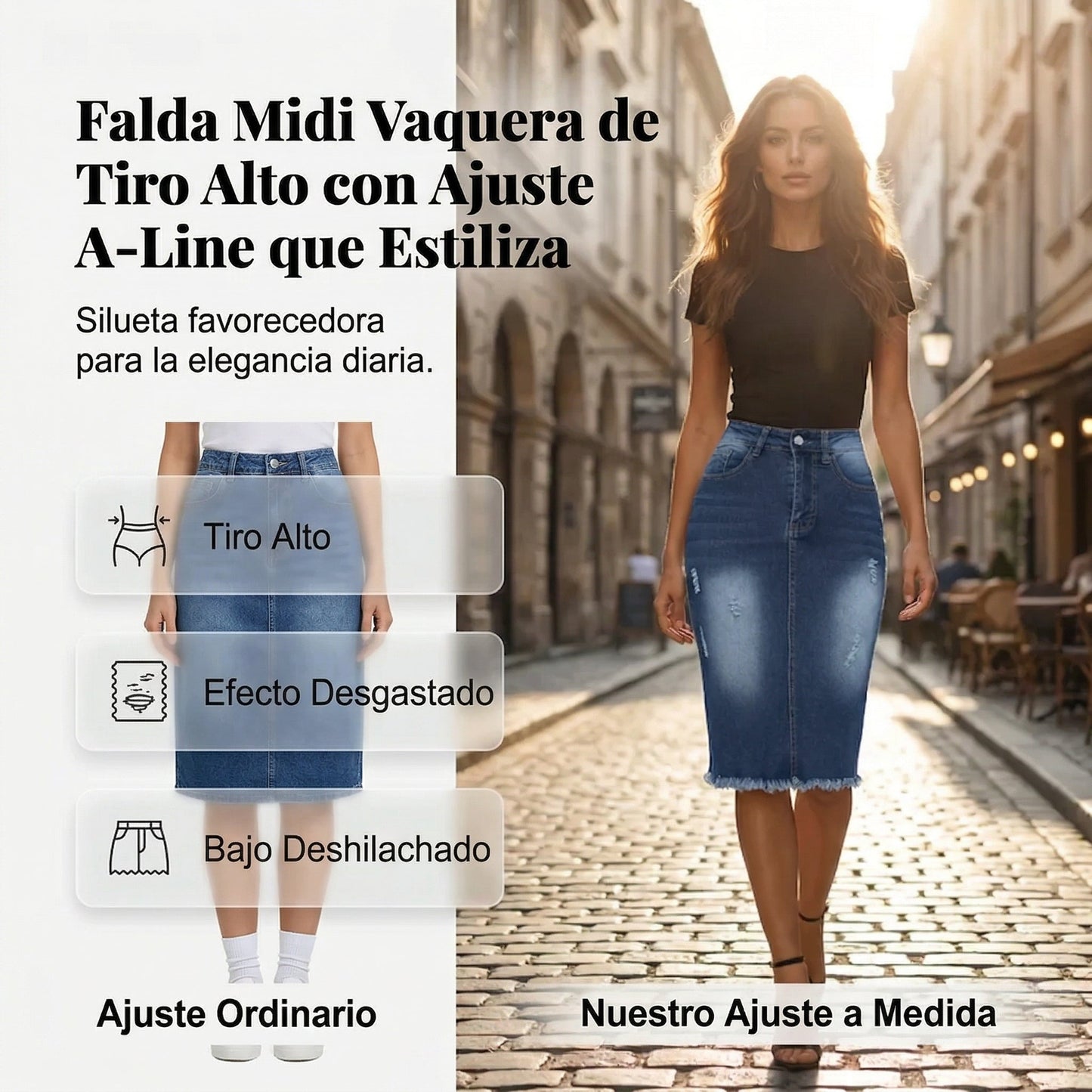 Ariadna - Falda denim de tiro alto con bajo deshilachado