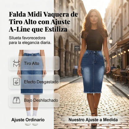 Ariadna - Falda denim de tiro alto con bajo deshilachado