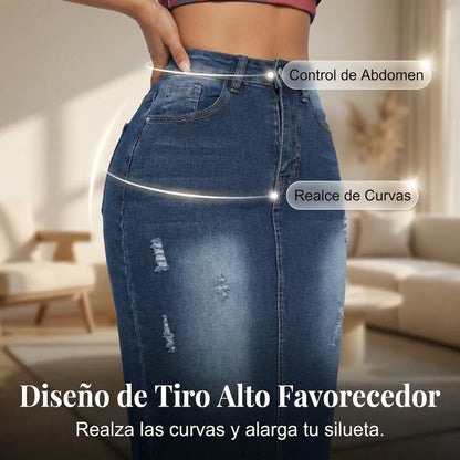 Ariadna - Falda denim de tiro alto con bajo deshilachado