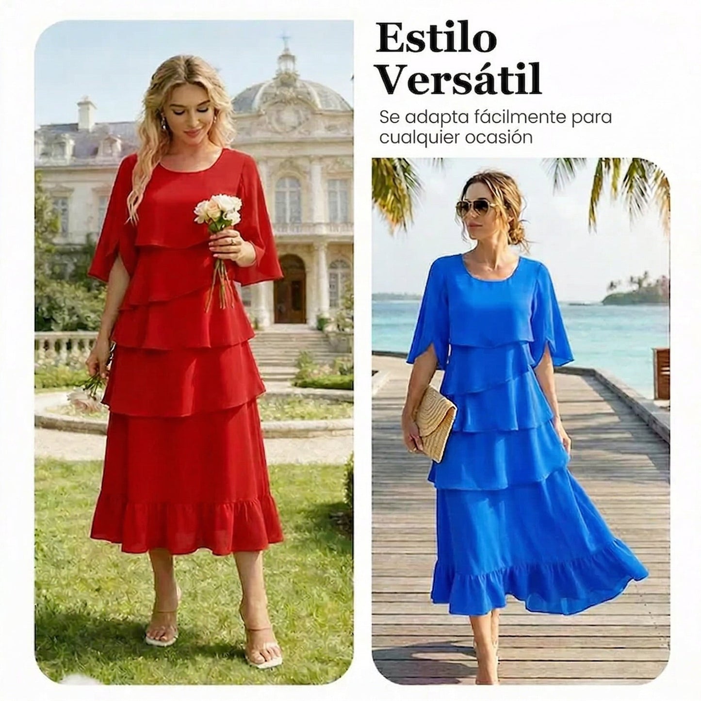 Amelia - Elegante vestido con mangas con detalle de volantes en capas