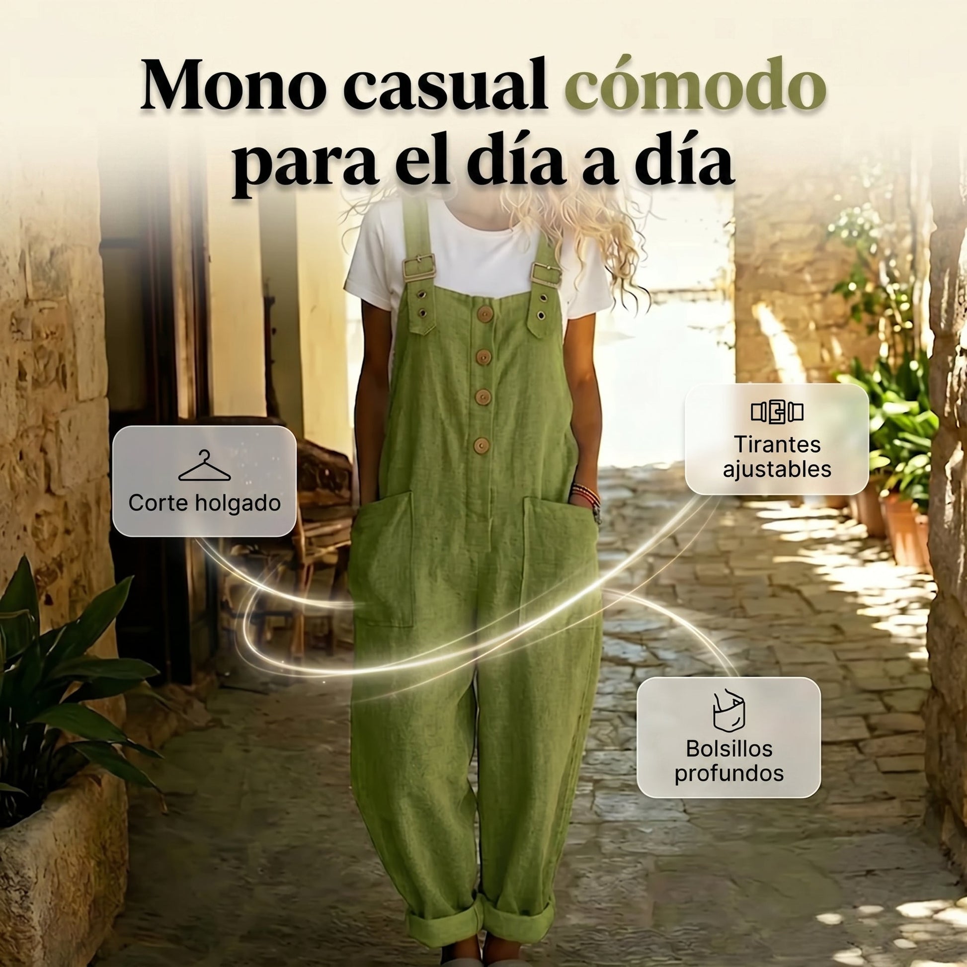 Cleo - Mono de estilo diario de tirantes con botones y ajuste de corte relajado
