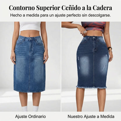 Ariadna - Falda denim de tiro alto con bajo deshilachado
