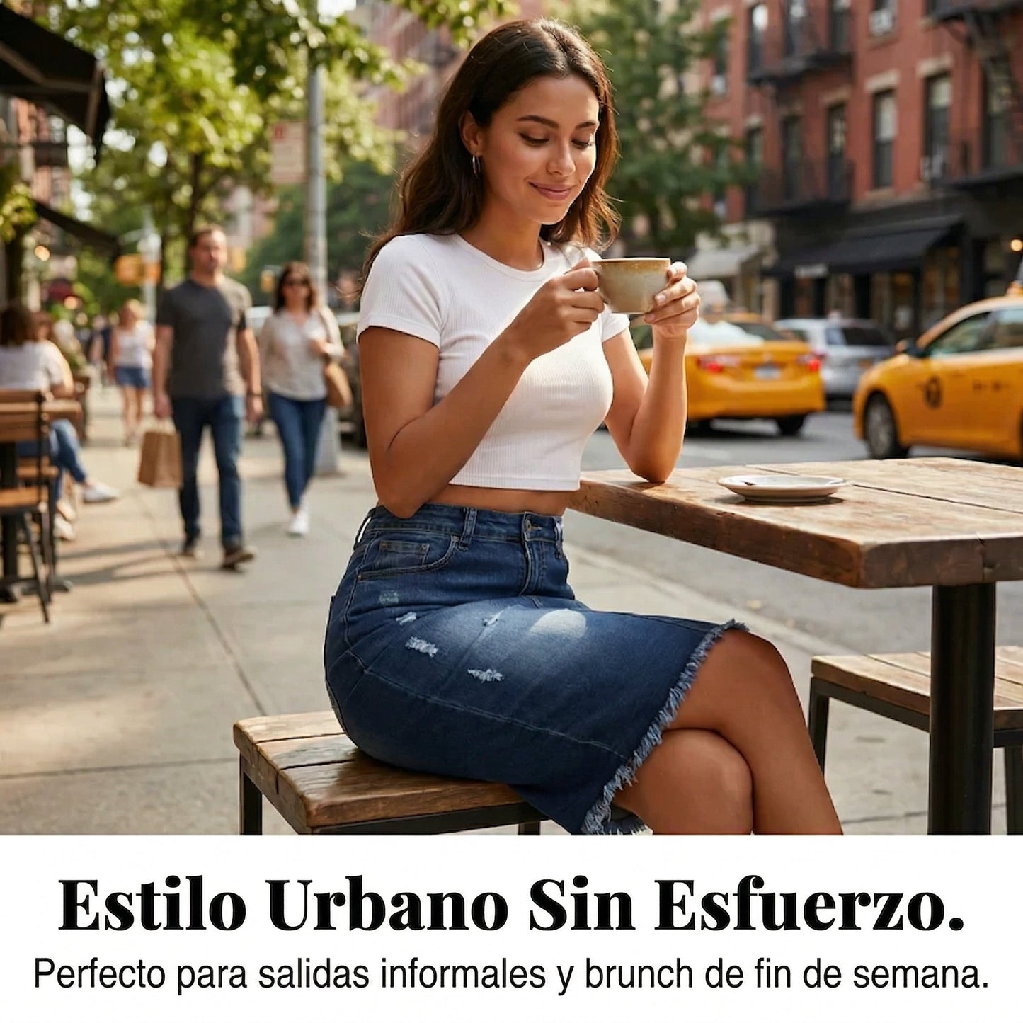 Ariadna - Falda denim de tiro alto con bajo deshilachado