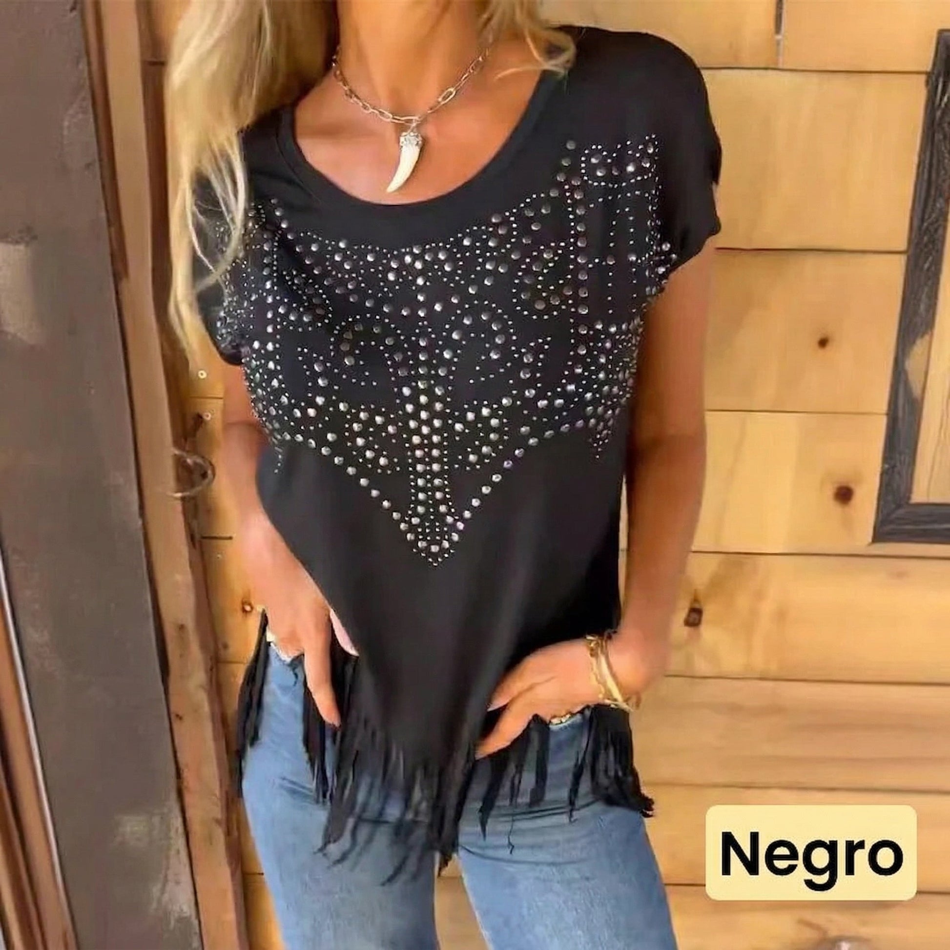 Gloria - Camiseta con detalle brillante y flecos
