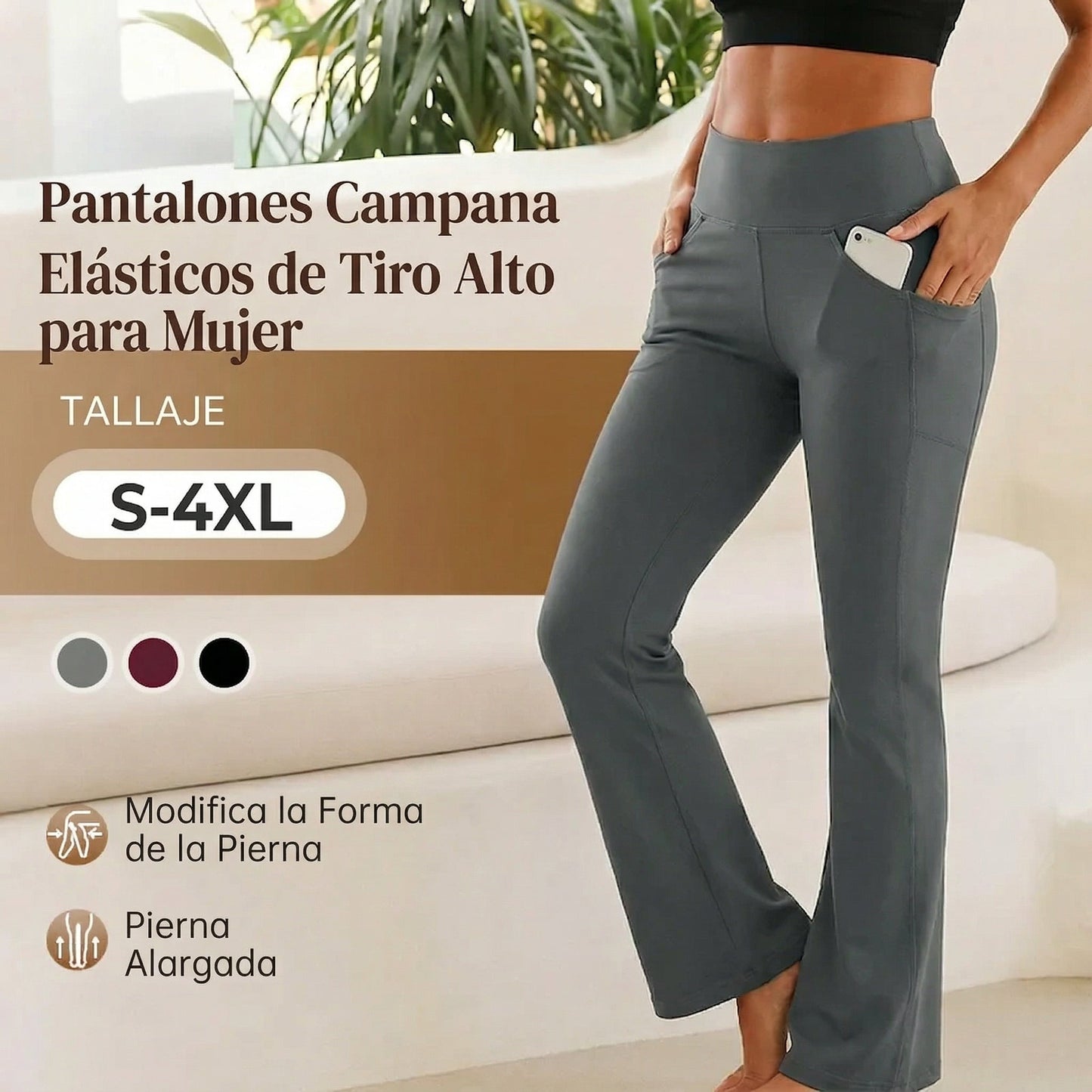Naiara - Pantalón de tiro alto elástico y línea amplia