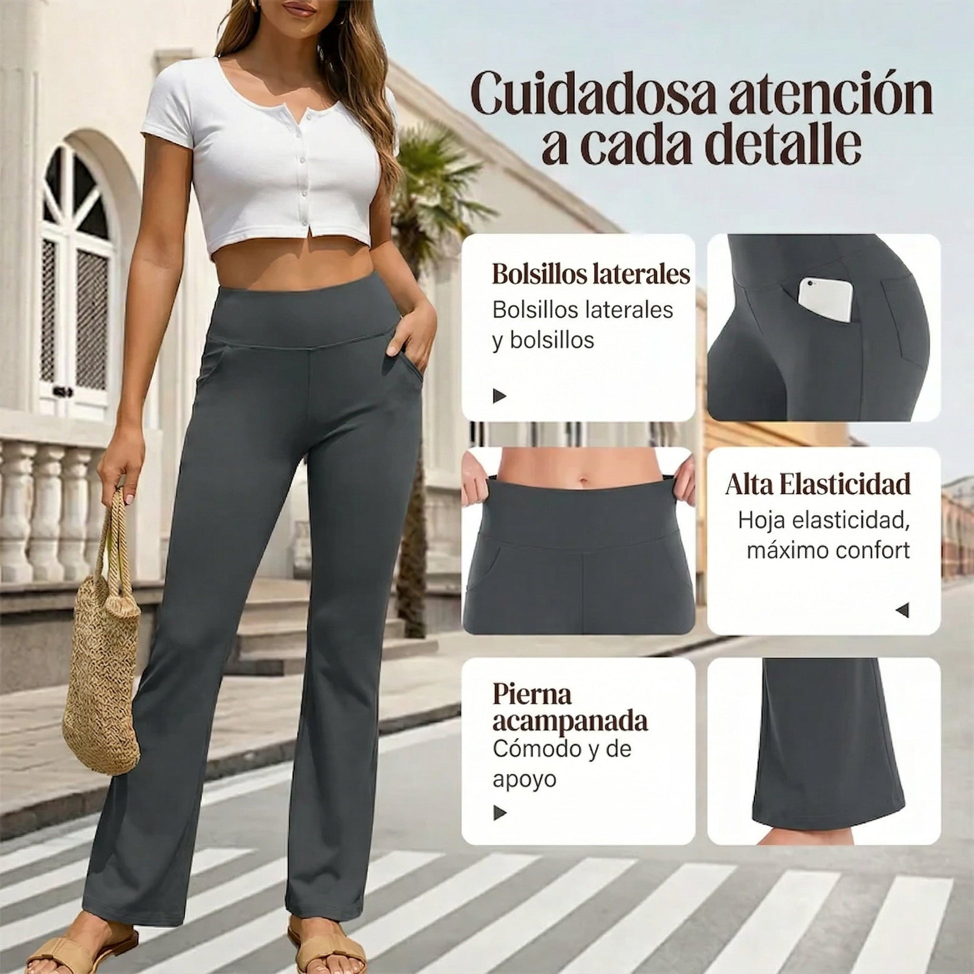 Naiara - Pantalón de tiro alto elástico y línea amplia
