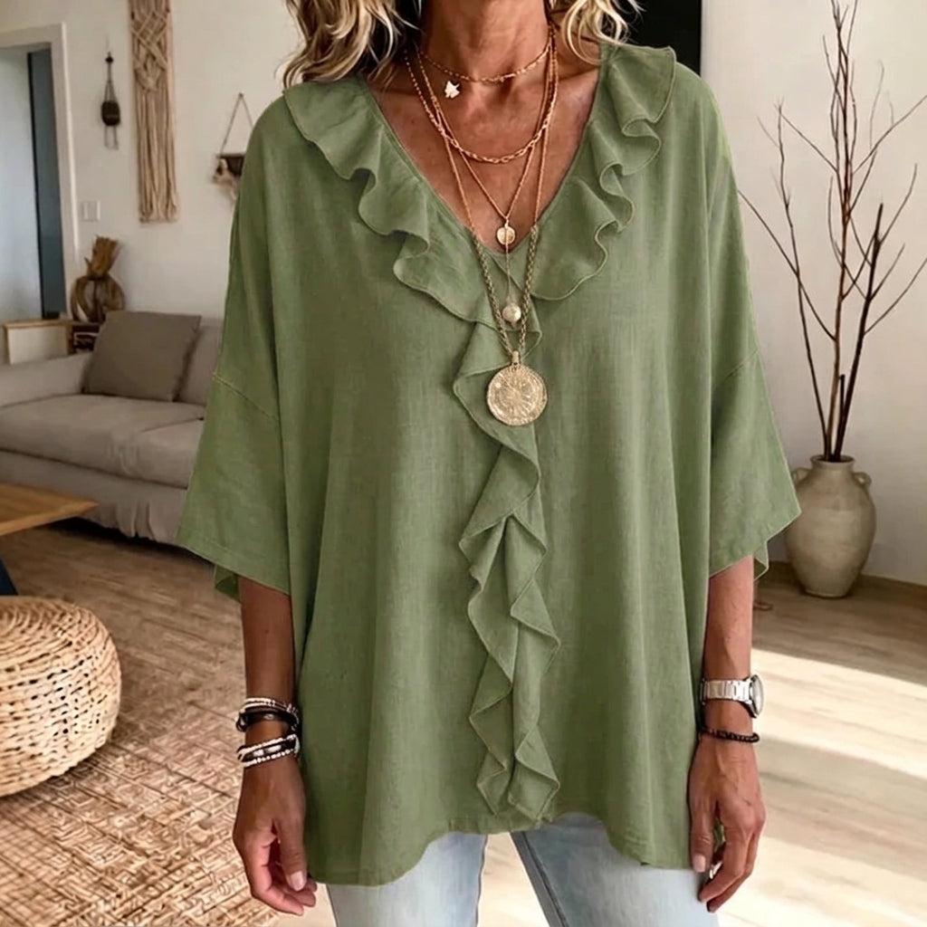 Tania - Blusa de estilo diario con escote de pico y volantes