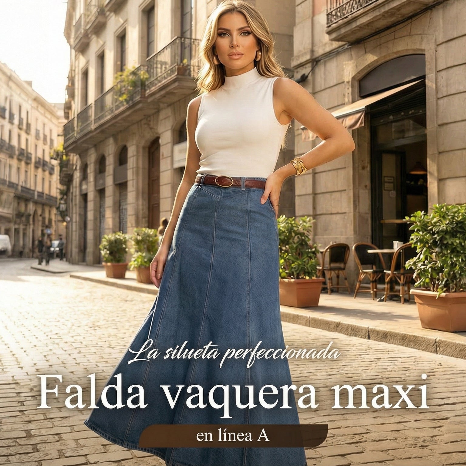 Liliana - Falda denim midi en línea A de tiro alto