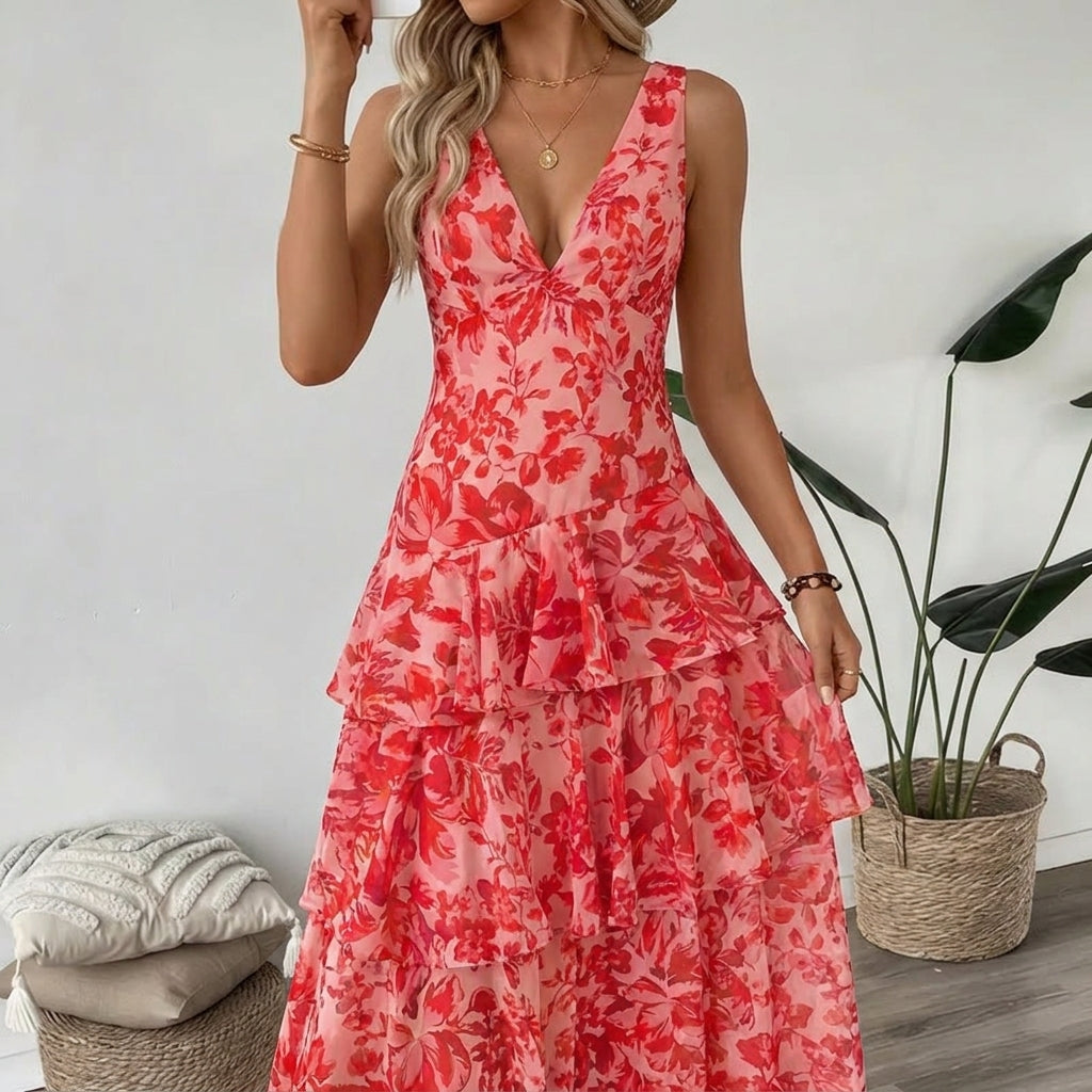 Mónica - Vestido largo floral con detalle de volantes