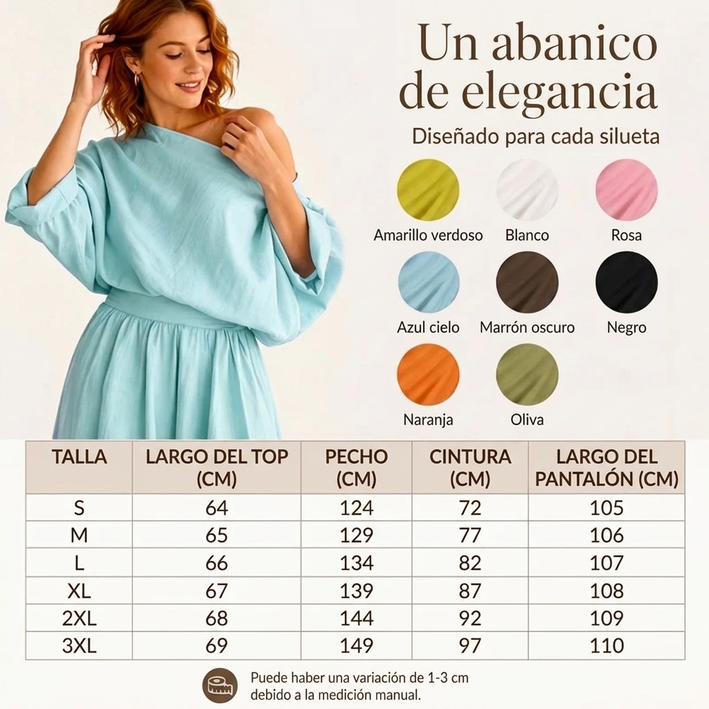 Lía - Conjunto de top de escote palabra de honor y pantalón de pernera amplia