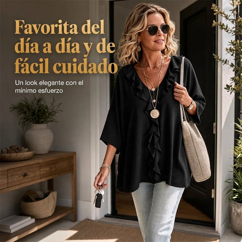 Tania - Blusa de estilo diario con escote de pico y volantes