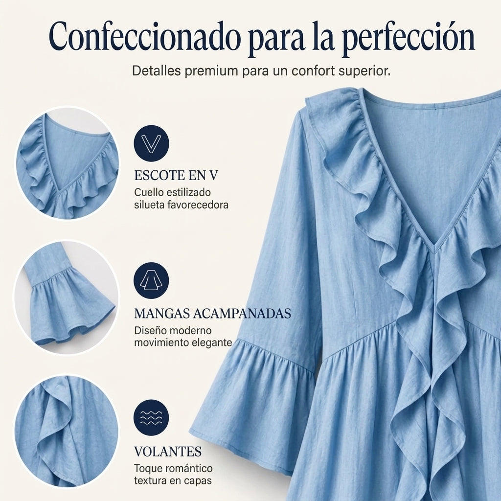 Alma - Vestido de inspiración vintage con detalle de volantes y escote de pico