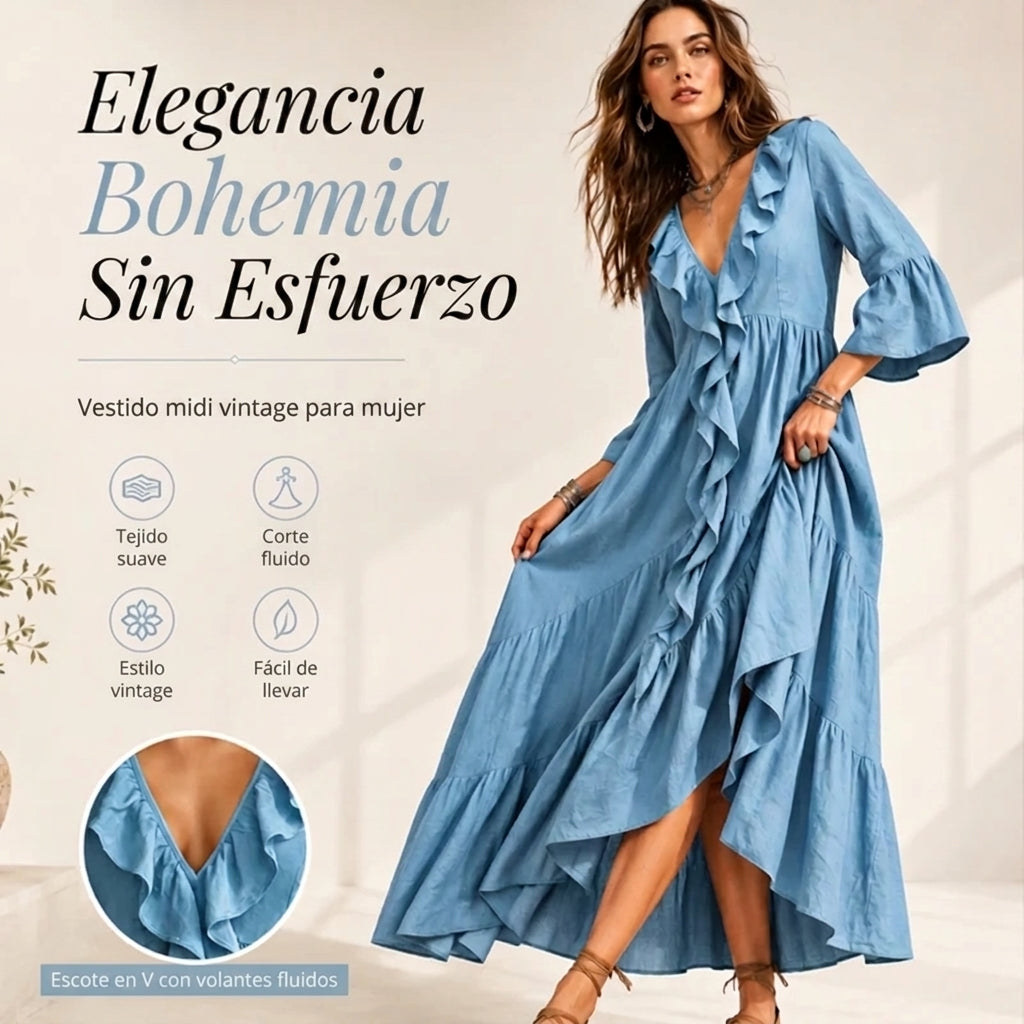Alma - Vestido de inspiración vintage con detalle de volantes y escote de pico