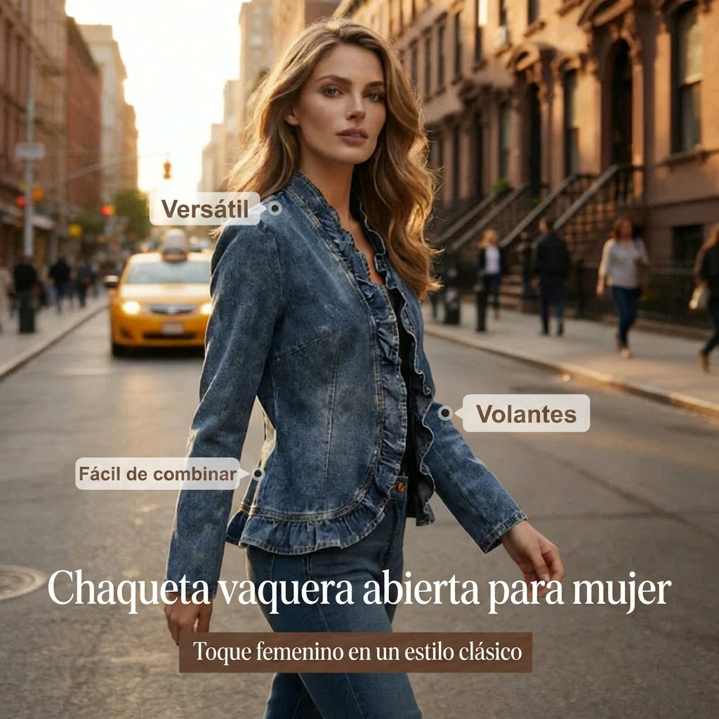 Priscila - Chaqueta denim con detalle de volantes y abertura frontal