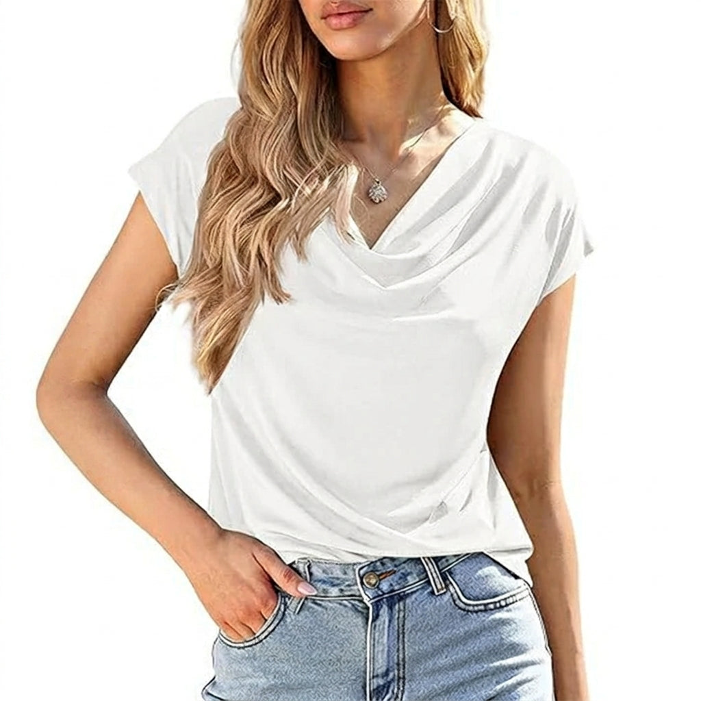 Leire - Blusa con cuello drapeado y mangas casquillo