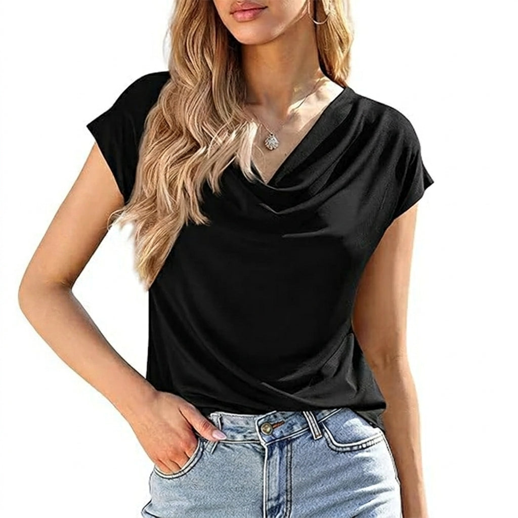 Leire - Blusa con cuello drapeado y mangas casquillo