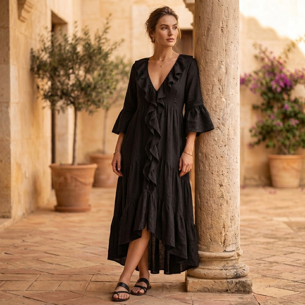 Alma - Vestido de inspiración vintage con detalle de volantes y escote de pico