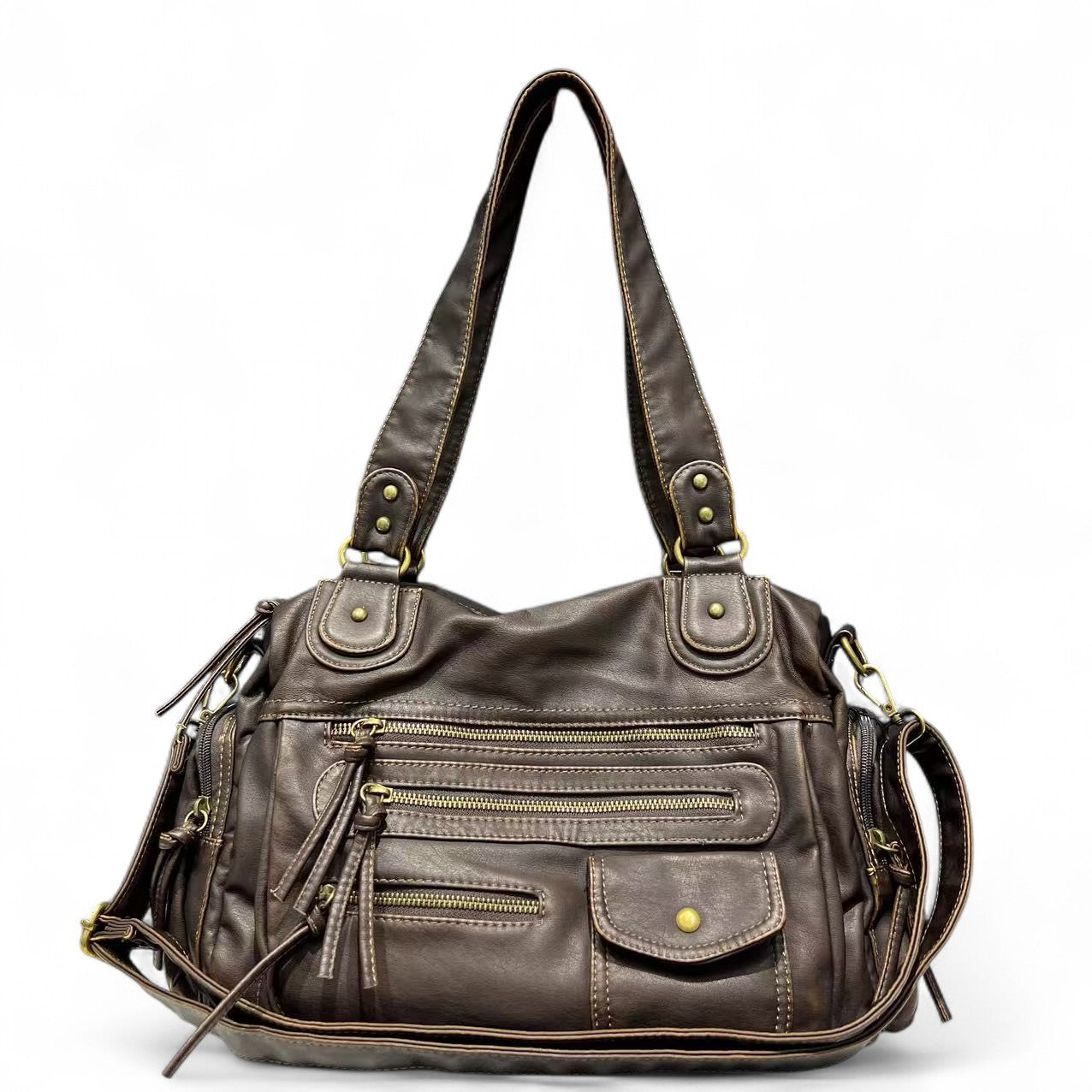 LILIA - Bolso en cuero Vintage multibolsillos - Marrón - CARMEN VELVET