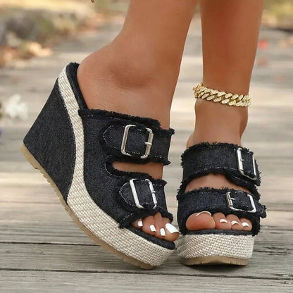 Lorena - Sandalias de cuña con hebillas y diseño denim