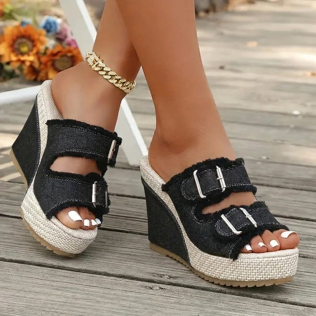 Lorena - Sandalias de cuña con hebillas y diseño denim
