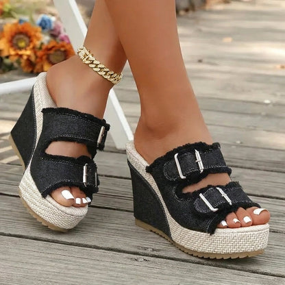 Lorena - Sandalias de cuña con hebillas y diseño denim