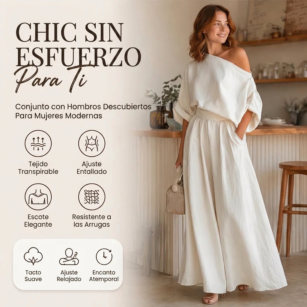 Lía - Conjunto de top de escote palabra de honor y pantalón de pernera amplia